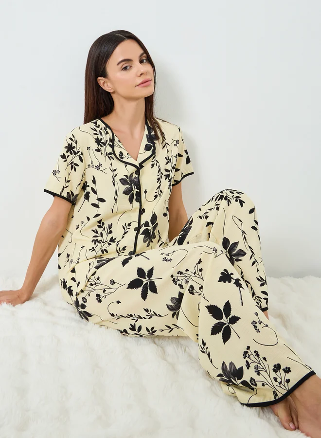 Take Two beige Women Floral Print Short Sleeve Shirt and Pyjama Set for Women | Best Price UAE